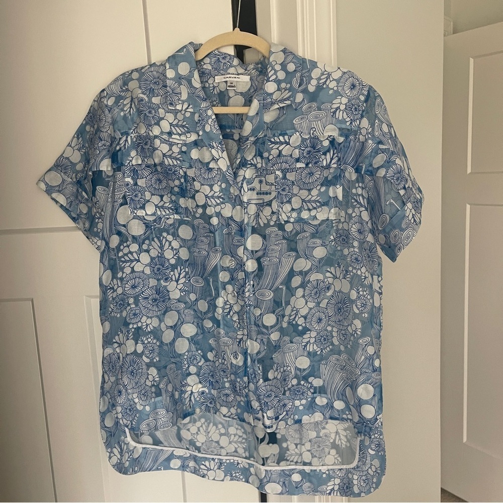 Carven Collar Button Up Embroidered Blue White Floral Short Sleeve Top Organza